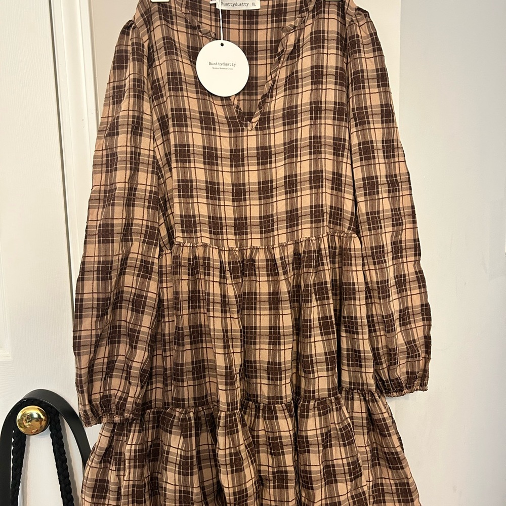Brown and Tan Buttoned Sundress with Bishop Sleeves